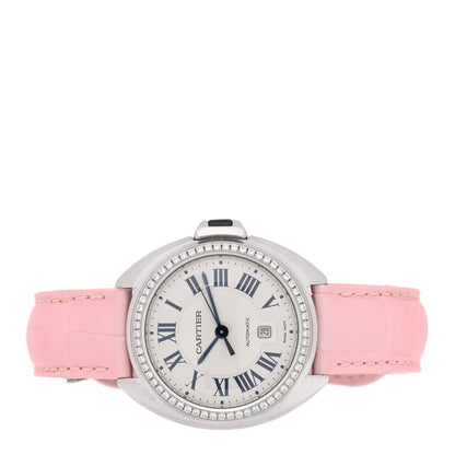Cartier Stainless Steel Alligator Diamond 31mm Cle De Cartier Watch Pink