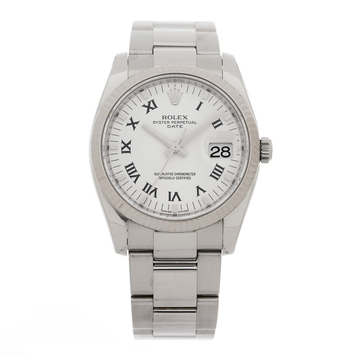 Rolex Stainless Steel 18K White Gold Diamond 34mm Oyster Perpetual Date Watch White Roman 115234
