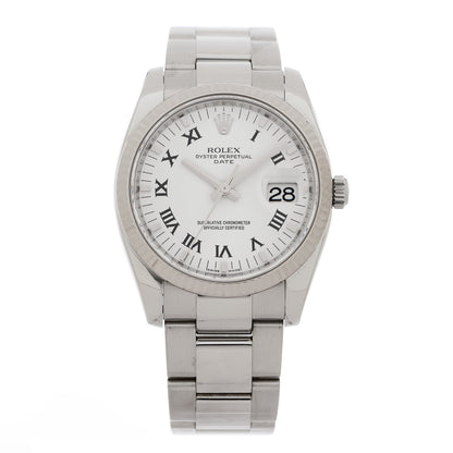 Rolex Stainless Steel 18K White Gold Diamond 34mm Oyster Perpetual Date Watch White Roman 115234