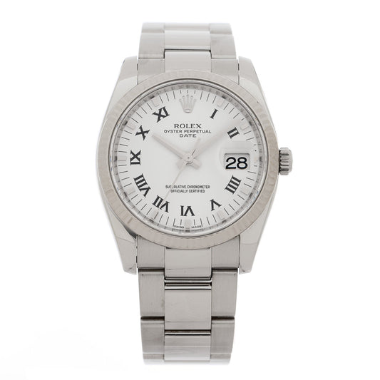 Rolex Stainless Steel 18K White Gold Diamond 34mm Oyster Perpetual Date Watch White Roman 115234