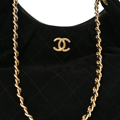 Chanel Suede Calfskin Lambskin Quilted Maxi Hobo Black