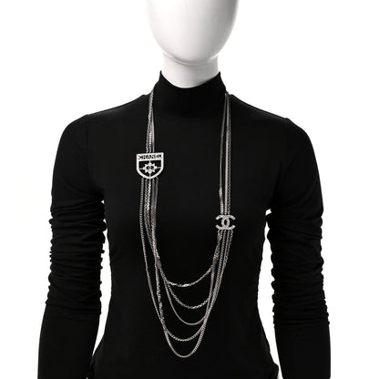 Chanel Baguette Crystal CC Shield Multi Strand Long Chain Necklace Silver