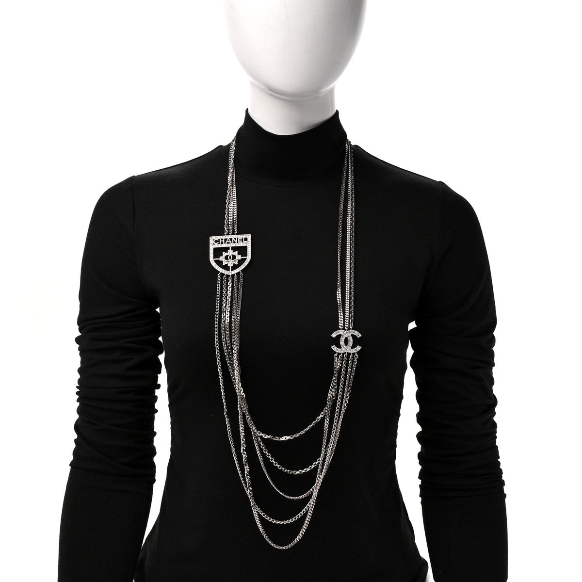 Baguette Crystal CC Shield Multi Strand Long Chain Necklace Silver