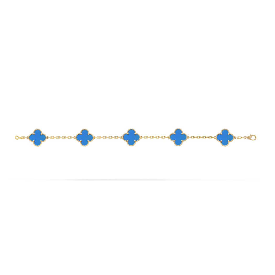 18K Yellow Gold Agate VCA Vintage Alhambra Bracelet 5 Motifs