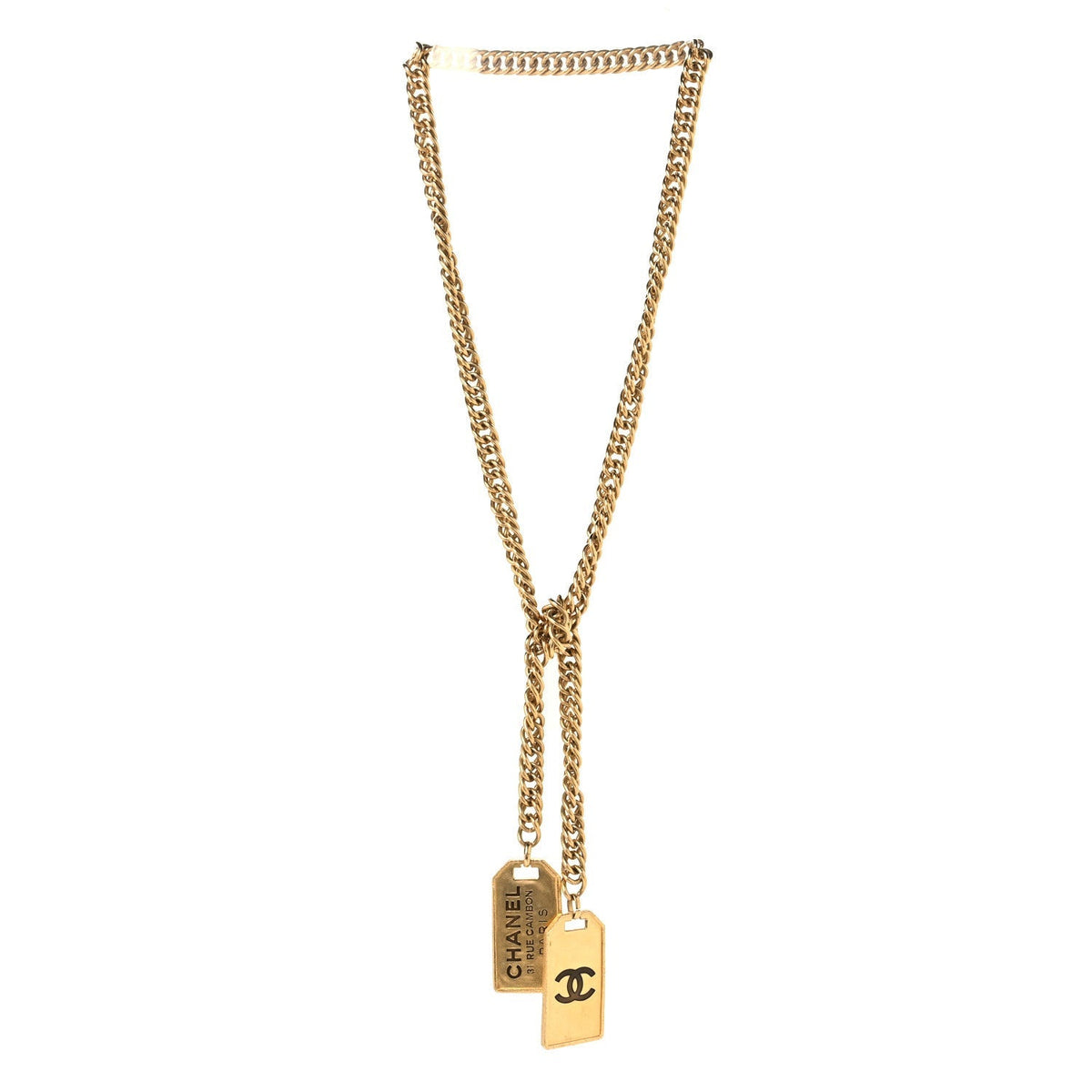 Chanel Metal ID Dog Tag Charm Necklace Gold