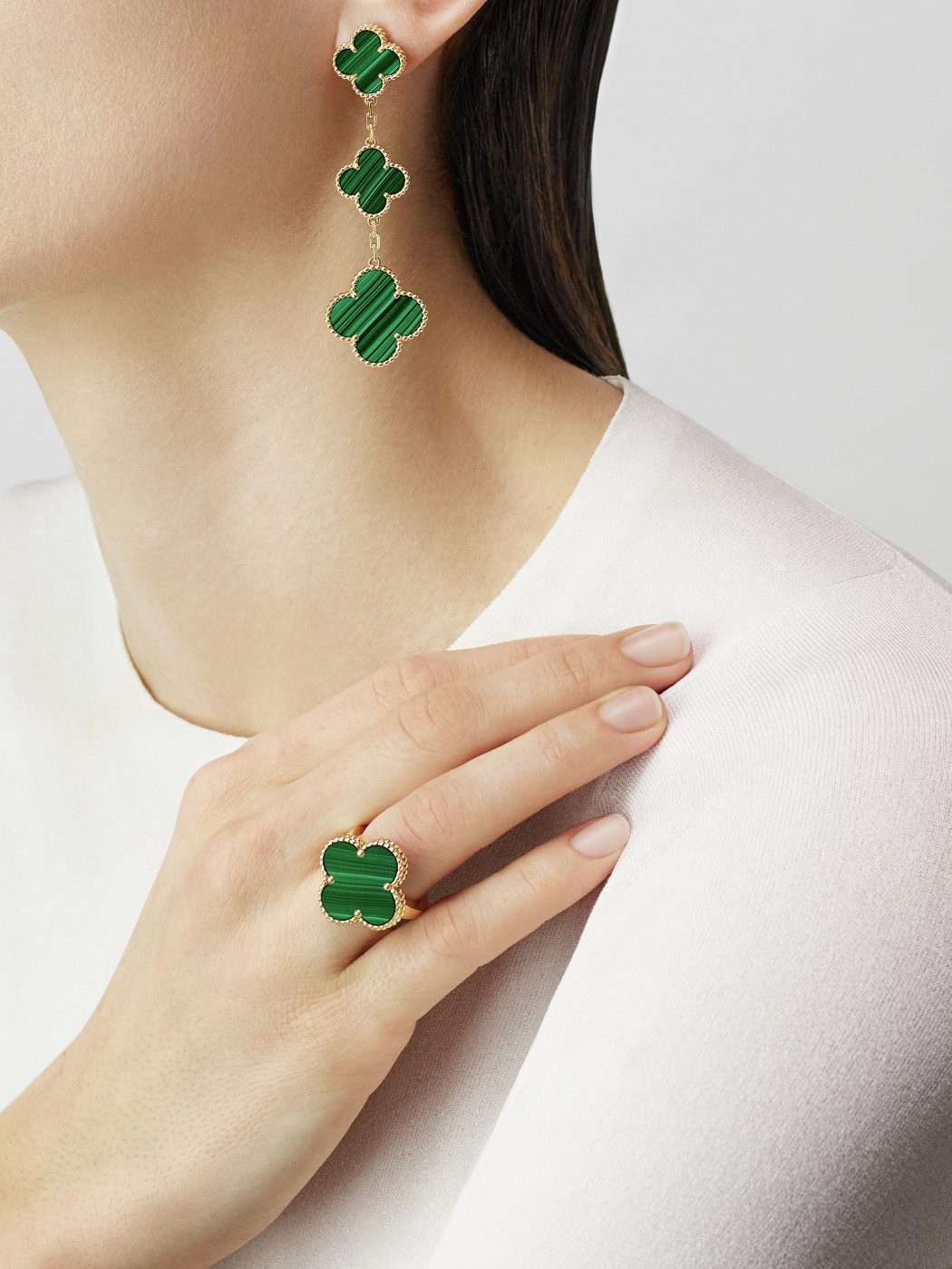 18K Yellow Gold Malachite VCA Magic Alhambra Earrings 3 Motifs