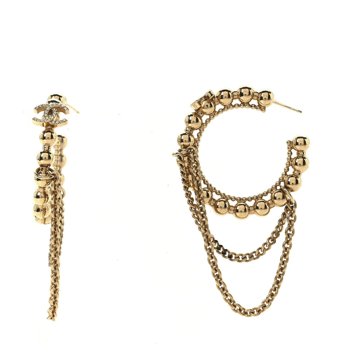 Chanel Metal Crystal Bead Chain CC Hoop Earrings Gold