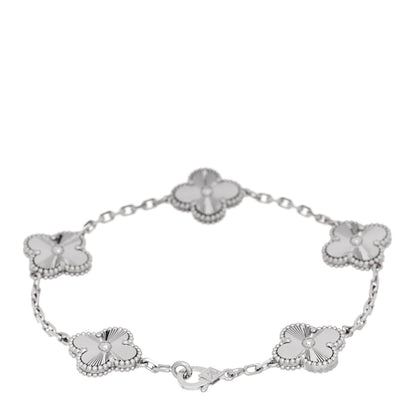 Van Cleef & Arpels 18K White Gold 5 Motifs Guilloche Vintage Alhambra Bracelet