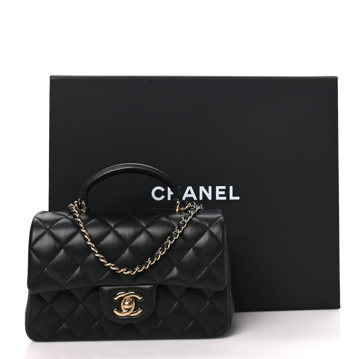 Chanel Lambskin Quilted Mini Top Handle Rectangular Flap Black