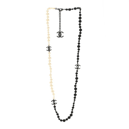 Chanel Ruthenium Pearl Beaded Enamel CC Long Necklace White Black