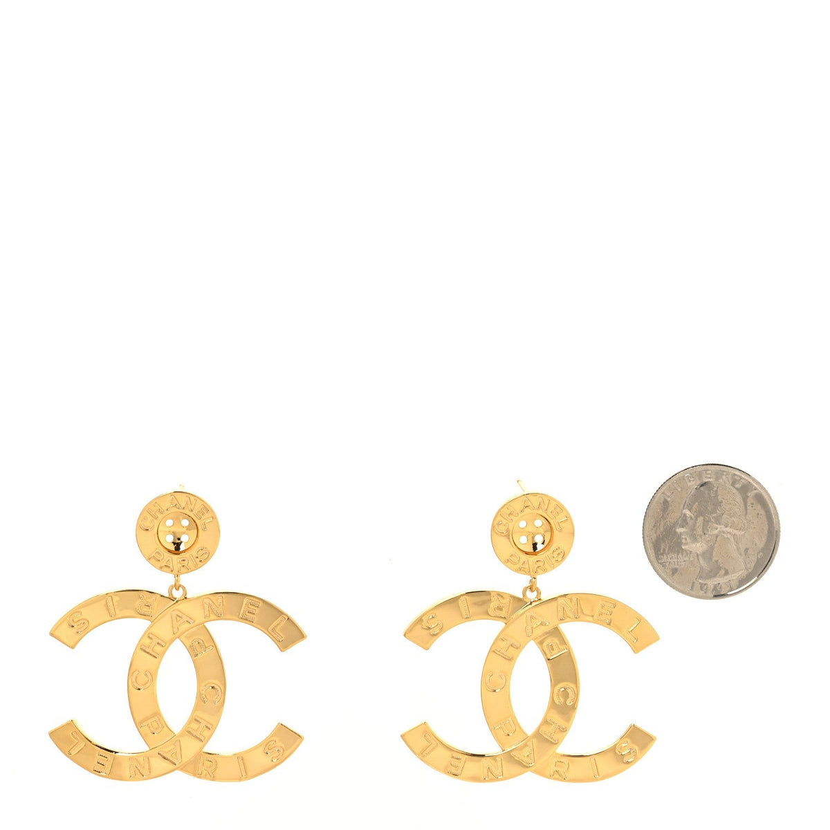 Chanel Metal Large Paris Button Earrings Gold