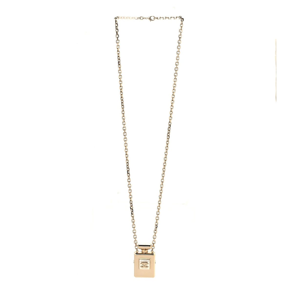 Chanel Metal Pearl Perfume Bottle CC Locket Necklace Gold