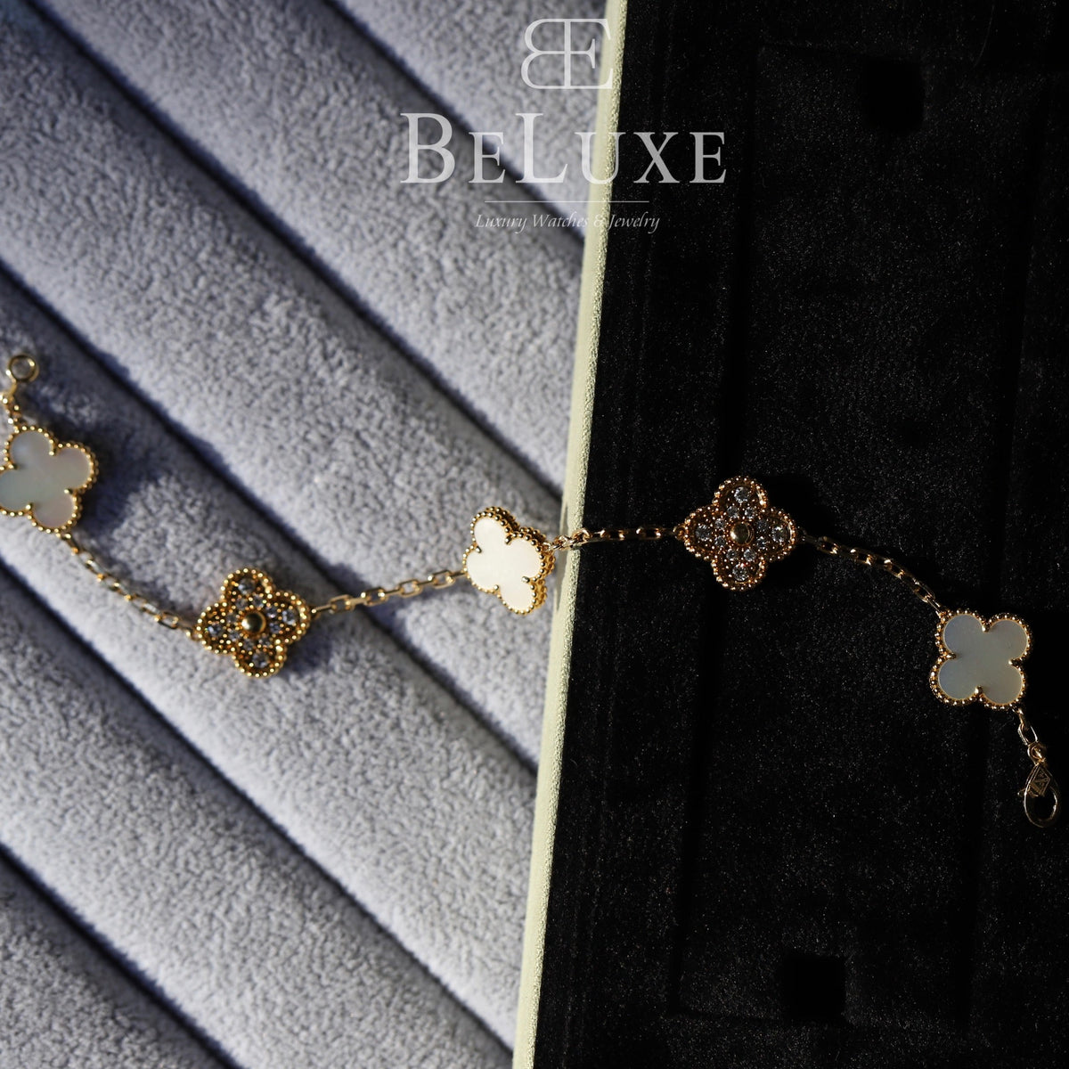 18K Yellow Gold Diamond Mother of Pearl VCA Vintage Alhambra Bracelet 5 Motifs