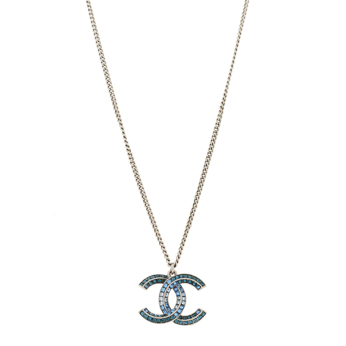 Chanel Crystal Baguette CC Necklace Silver Blue