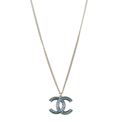 Chanel Crystal Baguette CC Necklace Silver Blue