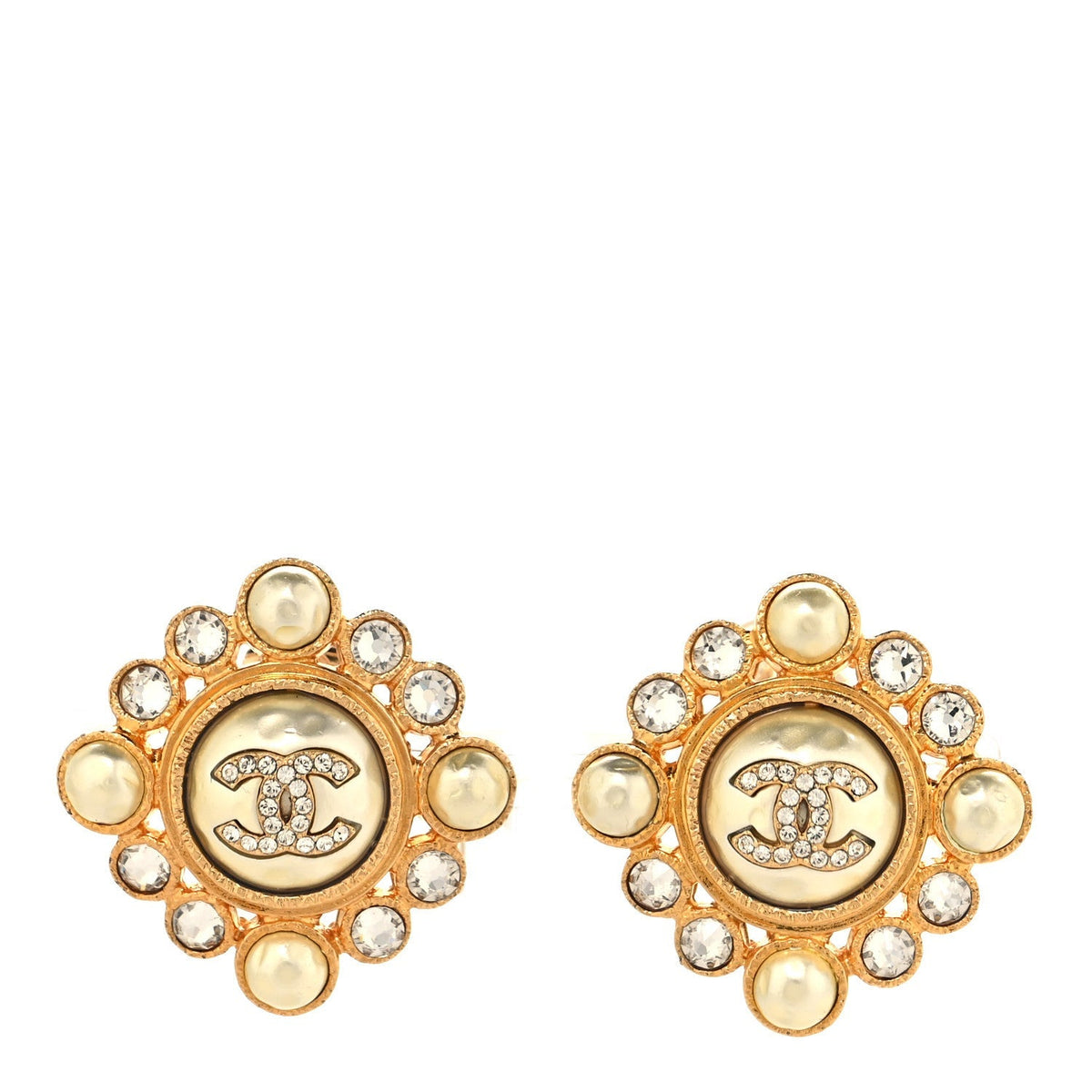 Chanel Crystal Pearl CC Clip On Earrings Gold