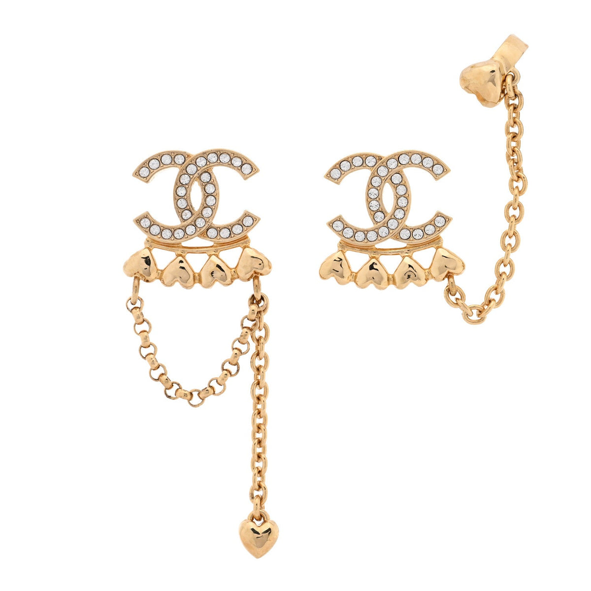 Chanel Metal Crystal CC Drop Heart Link Earrings Gold