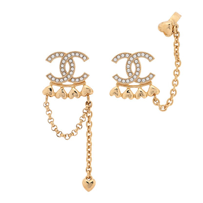 Chanel Metal Crystal CC Drop Heart Link Earrings Gold