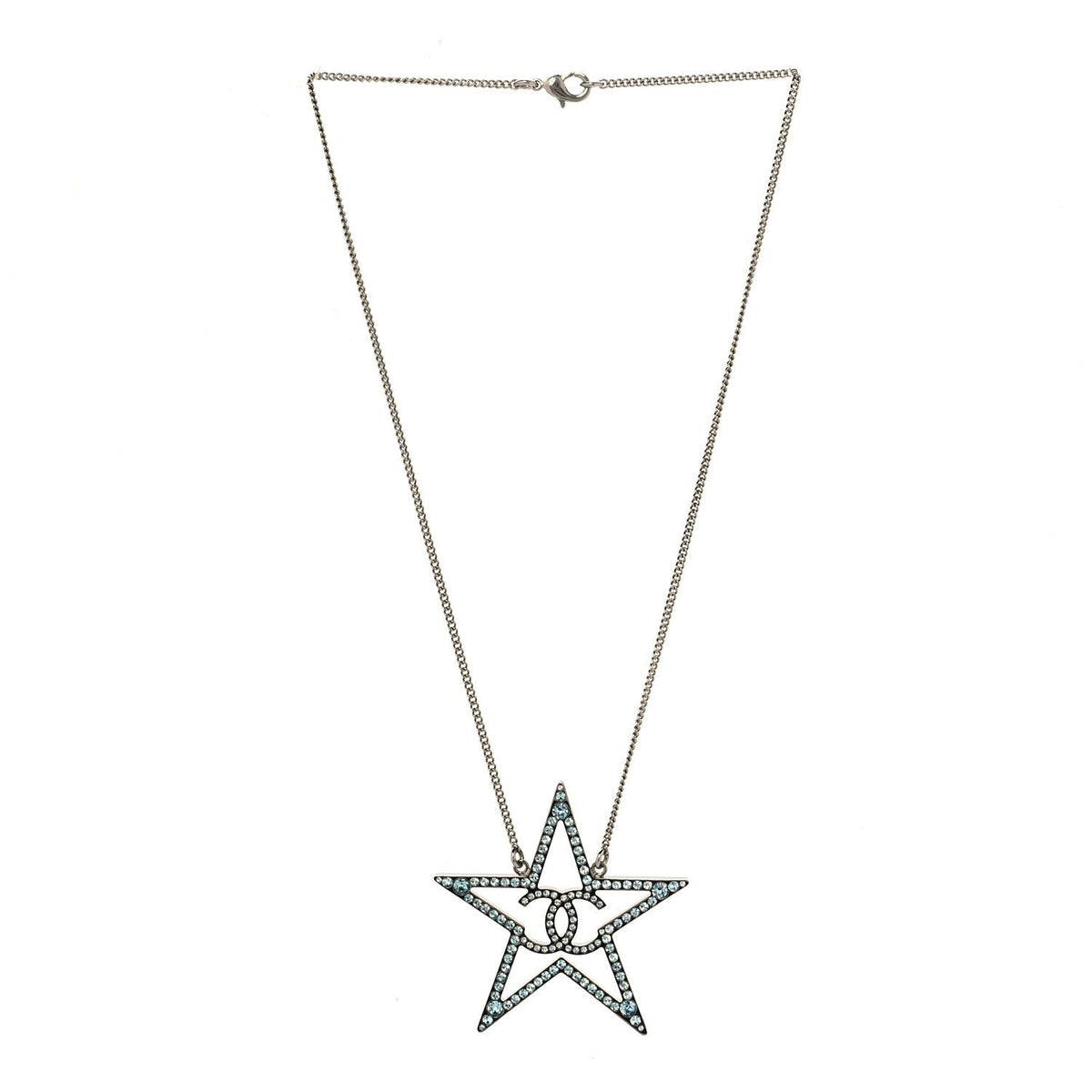 Chanel Crystal CC Star Necklace Silver Blue