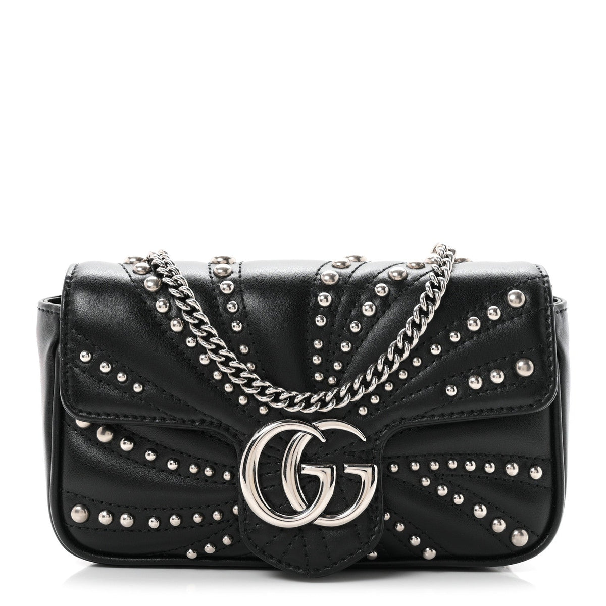 Gucci Calfskin Matelasse Studded Super Mini GG Marmont Shoulder Bag Black
