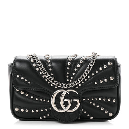 Gucci Calfskin Matelasse Studded Super Mini GG Marmont Shoulder Bag Black