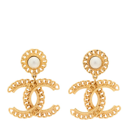 Chanel Metal Pearl CC Chain Drop Earrings Gold