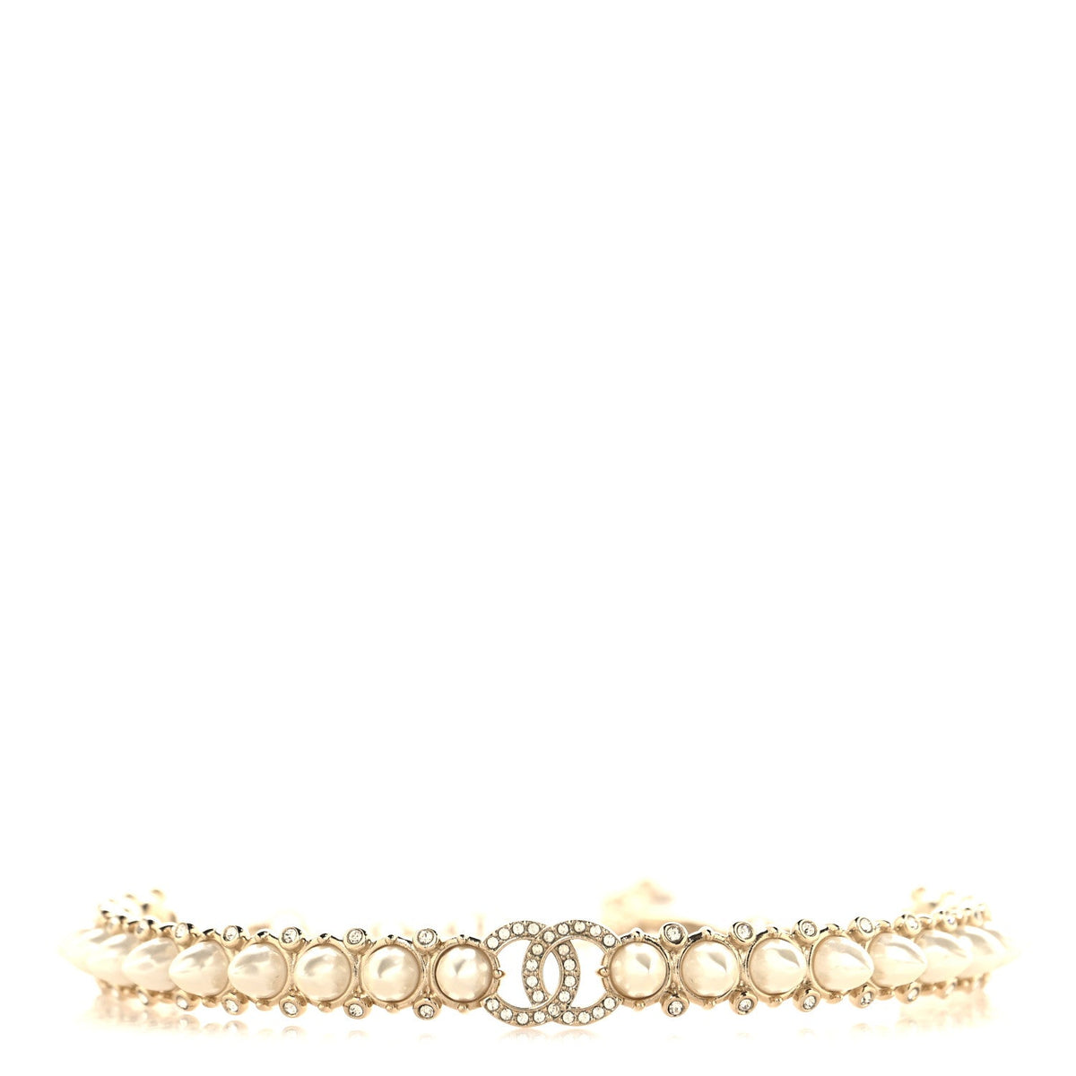 Chanel Strass Crystal Studded Pearl CC Choker Necklace Gold Pearly White