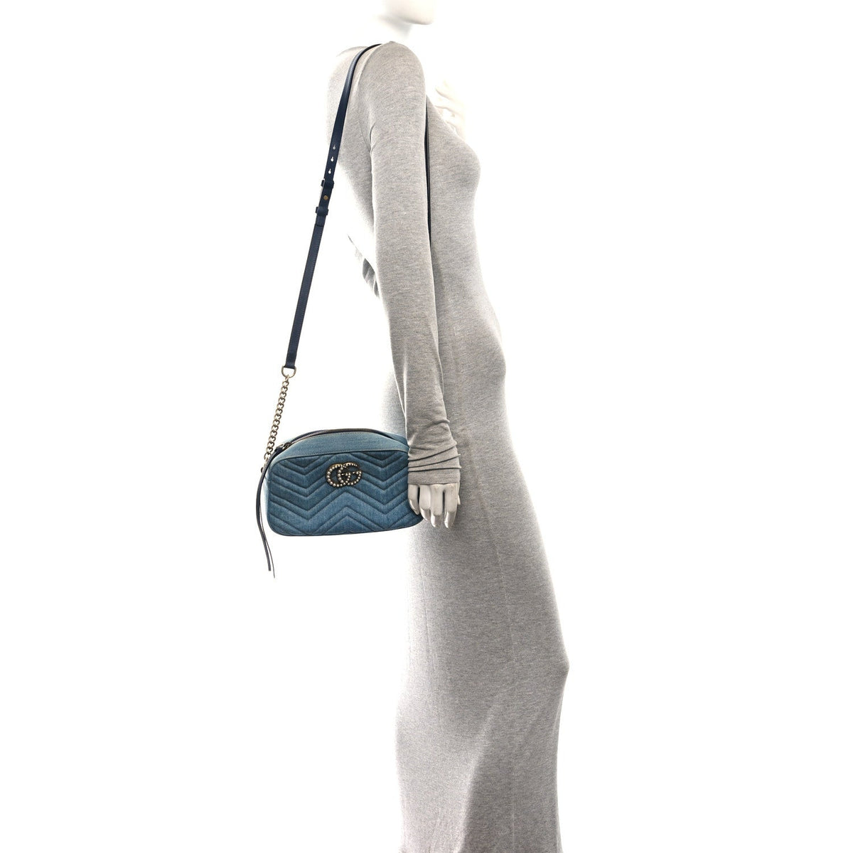 Gucci Denim Matelasse Small Pearly GG Marmont Chain Shoulder Bag Blue