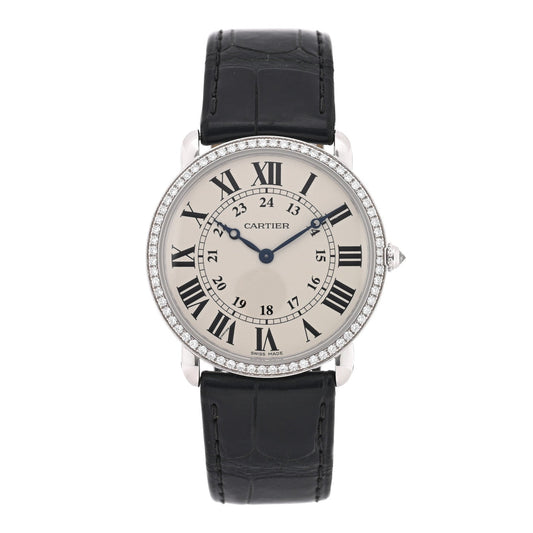 Cartier 18K White Gold Alligator Diamond 36mm Ronde Louis Manual Watch Black