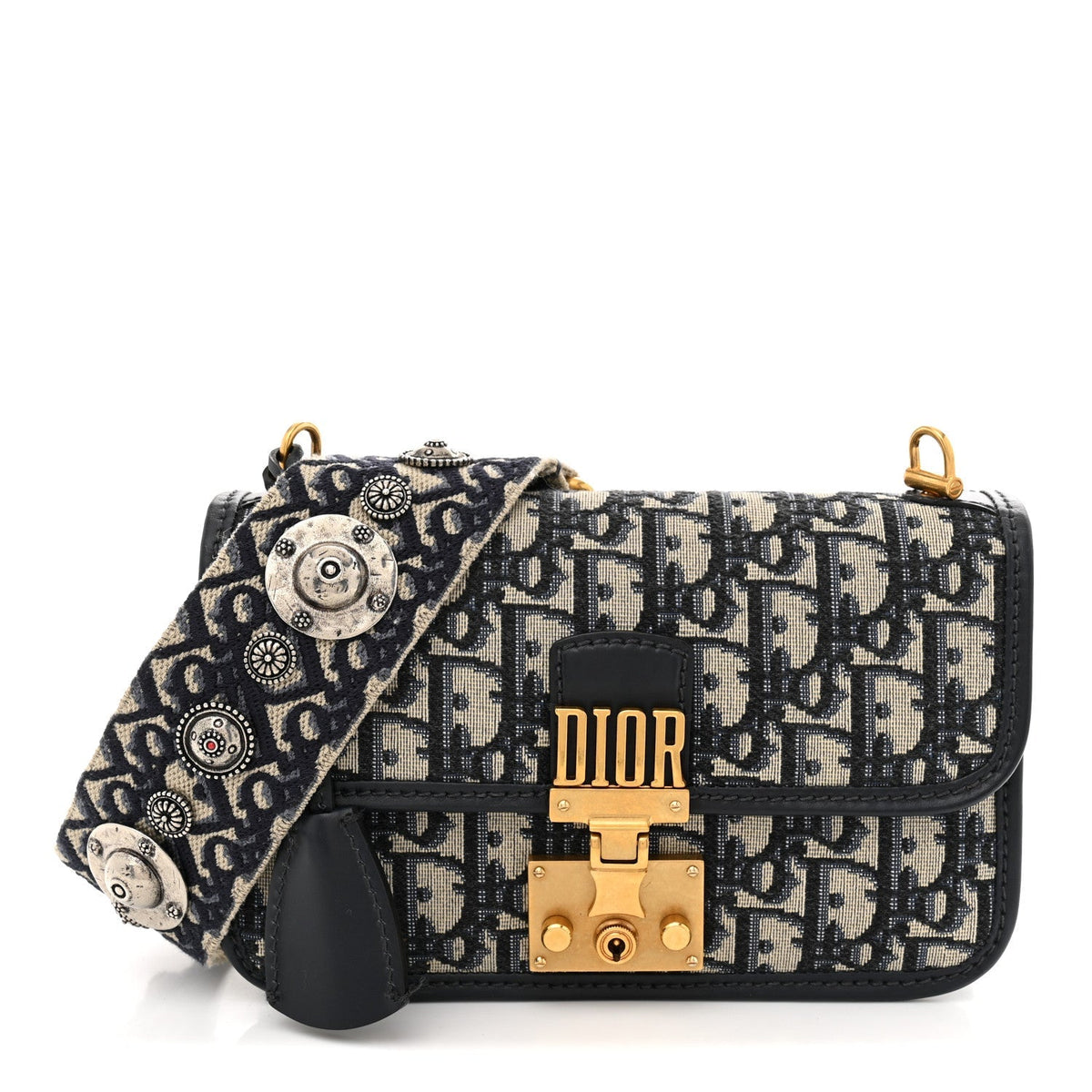 Christian Dior Canvas Leather Women's DiorAddict Flap Bag Navy Blue