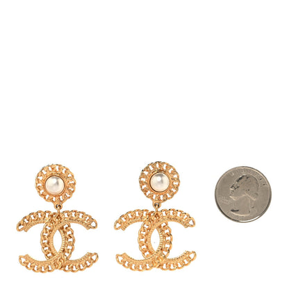 Chanel Metal Pearl CC Chain Drop Earrings Gold