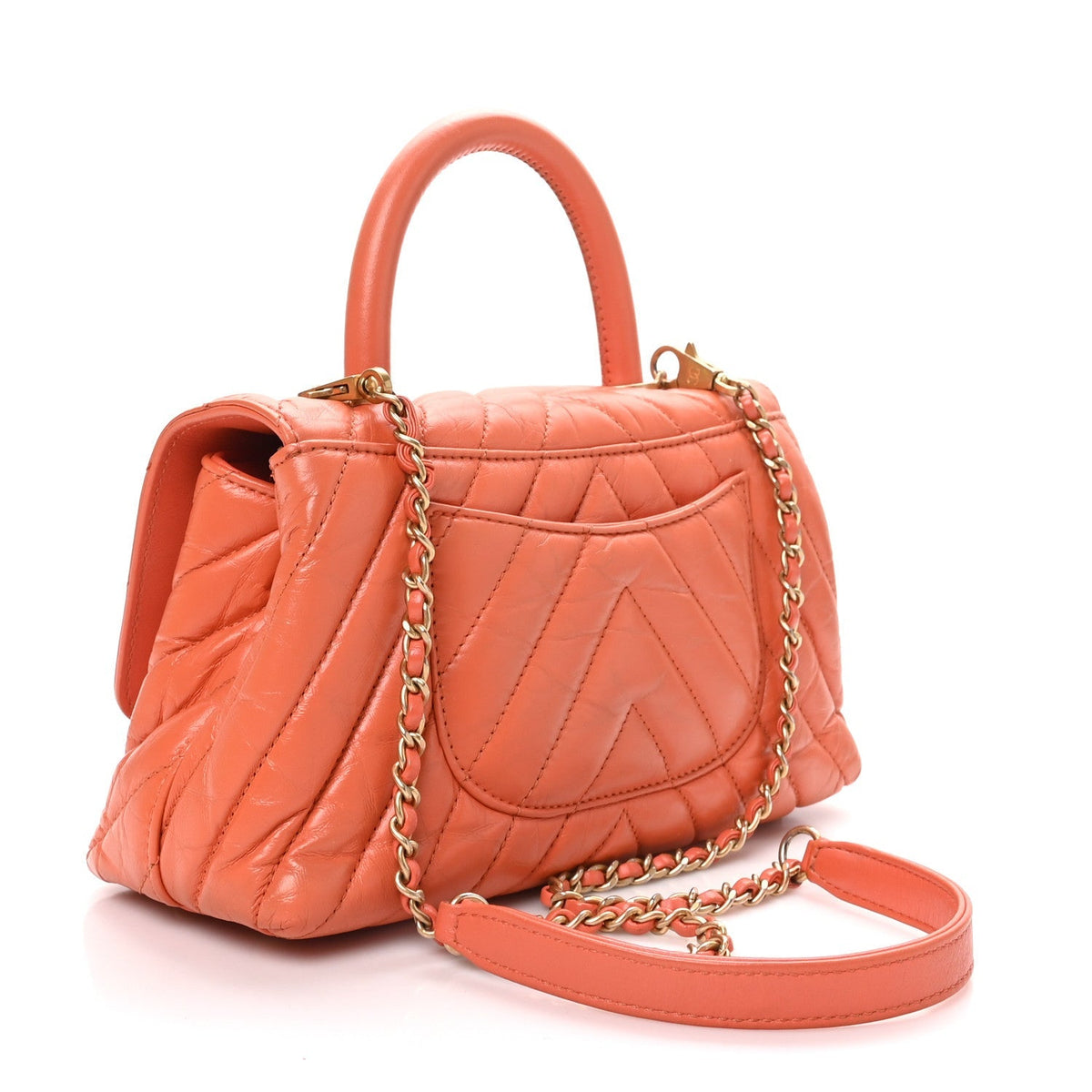 Chanel Aged Calfskin Chevron Quilted Mini Coco Handle Flap Orange