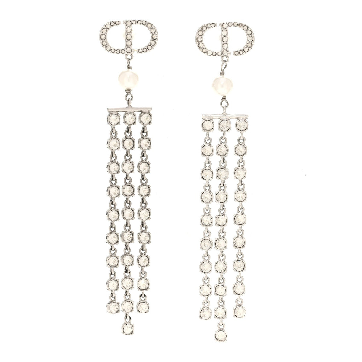 Christian Dior Metal Crystal Pearl CD Drop Earrings Silver