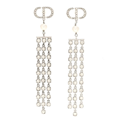 Christian Dior Metal Crystal Pearl CD Drop Earrings Silver