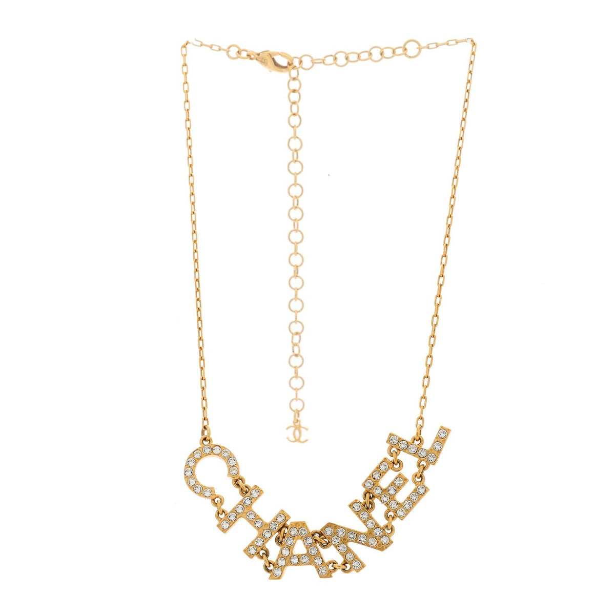 Chanel Metal Crystal 90's Icon Logo Necklace Gold