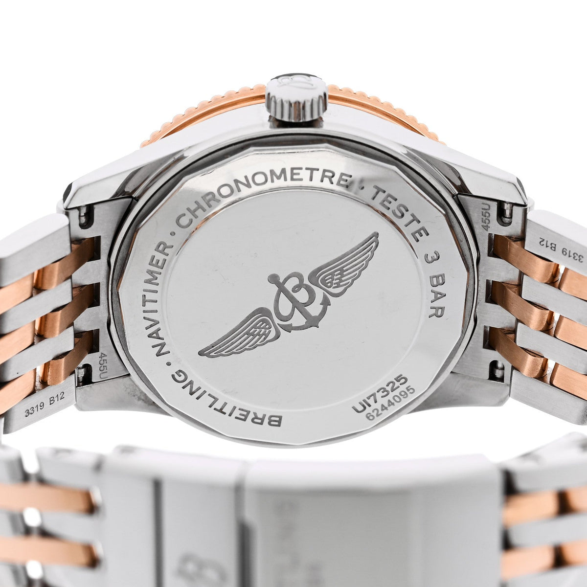 Breitling Stainless Steel 18K Rose Gold 38mm Navitimer Watch Silver U17325