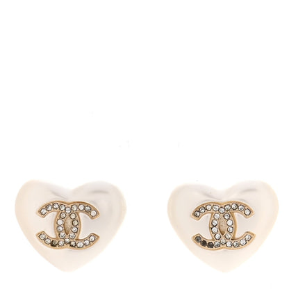 Chanel Pearl Crystal CC Heart Earrings Gold