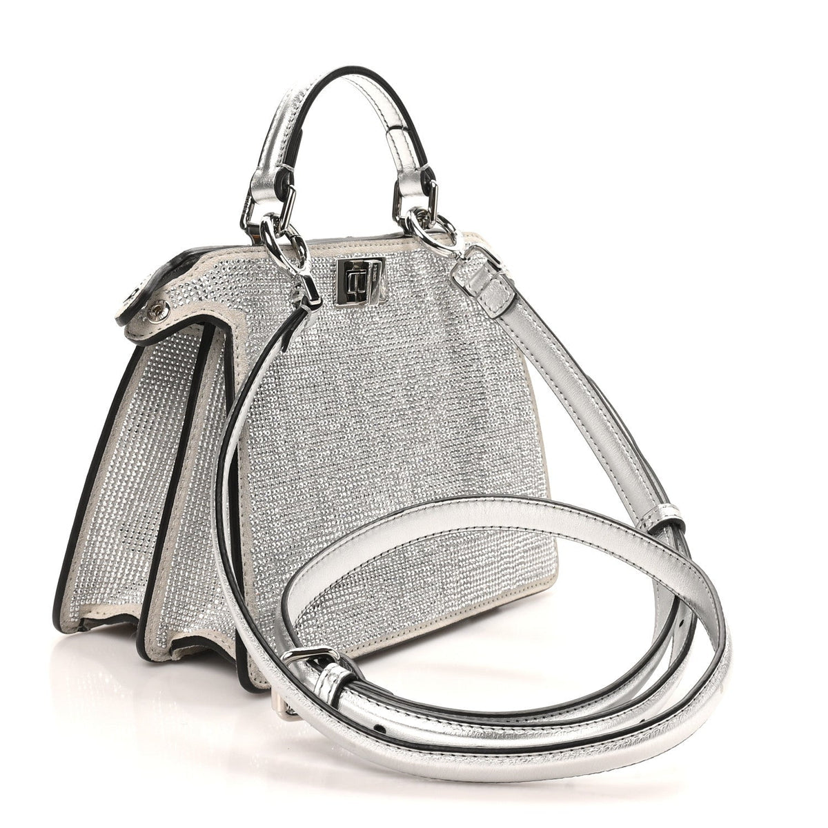 Fendi Crystal Vitello Laminato Petite Peekaboo I SEE U Satchel Argento