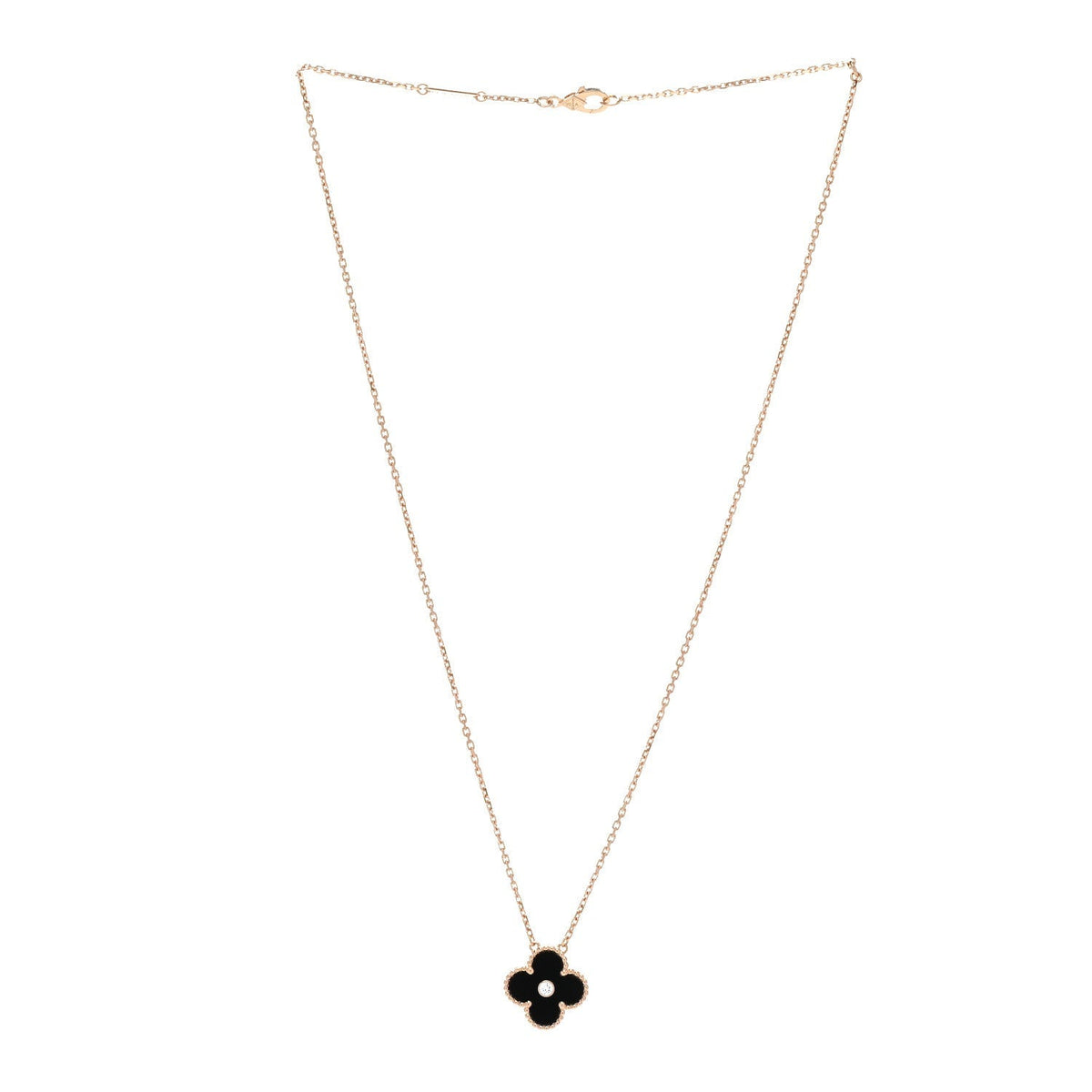Van Cleef & Arpels 18K Rose Gold Diamond Onyx Alhambra Necklace