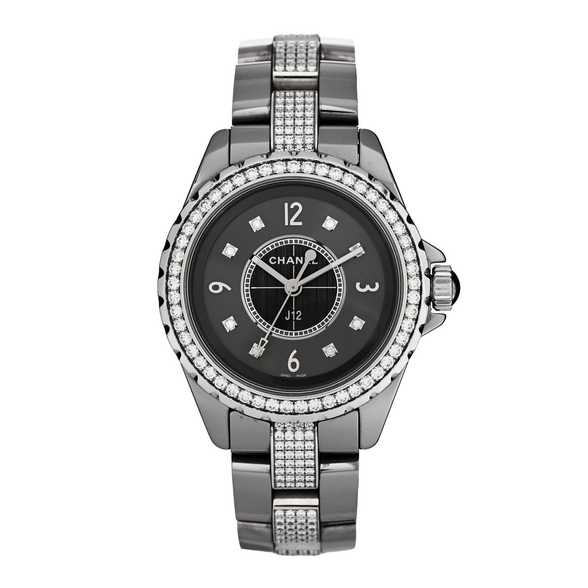 Chanel Stainless Steel Ceramic Diamond 33mm J12 Watch Grey