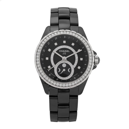 Chanel Stainless Steel Ceramic Diamond 38mm J12 Moonphase Watch Black