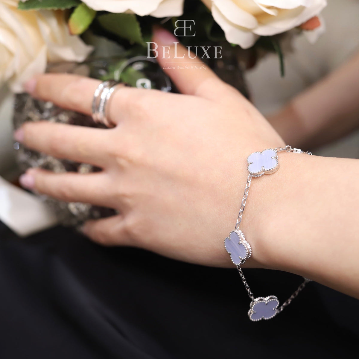 18K White Gold Chalcedony VCA Vintage Alhambra Bracelet 5 Motifs