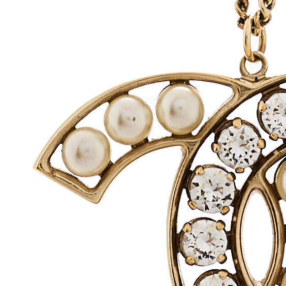 Chanel Pearl Crystal CC Pendant Necklace Gold