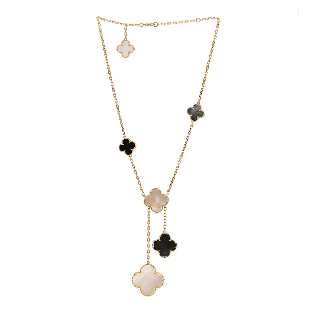 Van Cleef & Arpels 18K Yellow Gold Mother of Pearl Onyx 6 Motifs Magic Alhambra Necklace