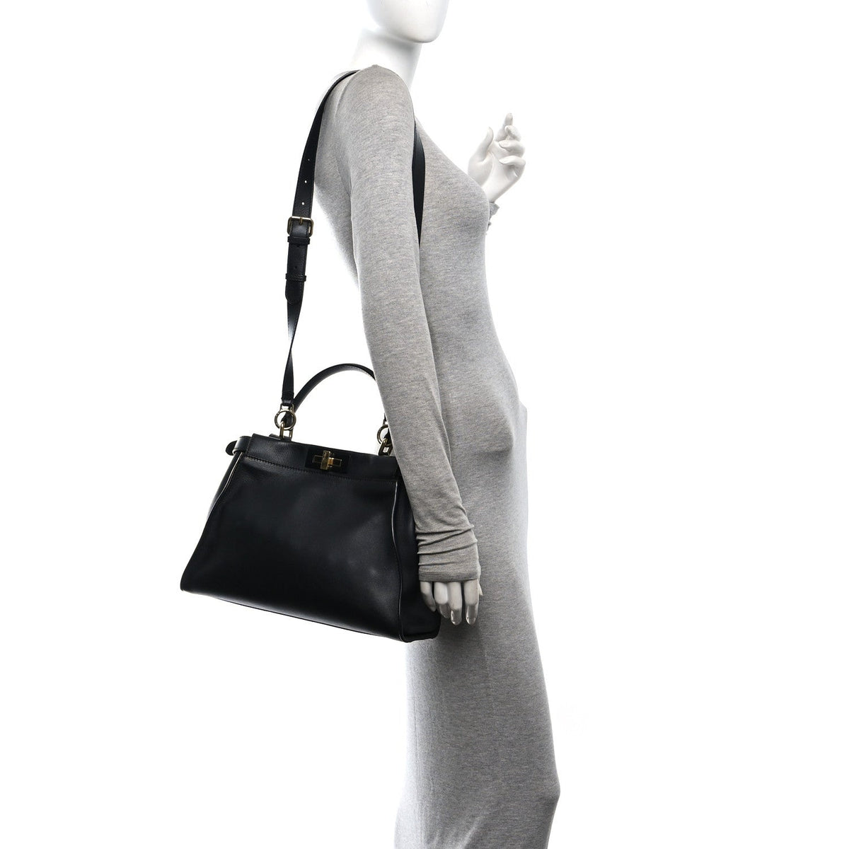Fendi Vitello Seta Shiny Nappa Medium Peekaboo Iconic Satchel Black