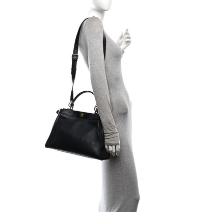 Fendi Vitello Seta Shiny Nappa Medium Peekaboo Iconic Satchel Black