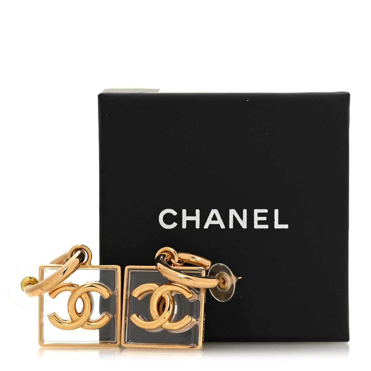 Chanel Metal Resin CC Square Drop Earrings Gold Transparent