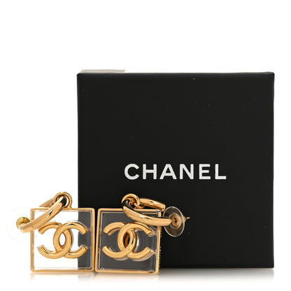 Chanel Metal Resin CC Square Drop Earrings Gold Transparent