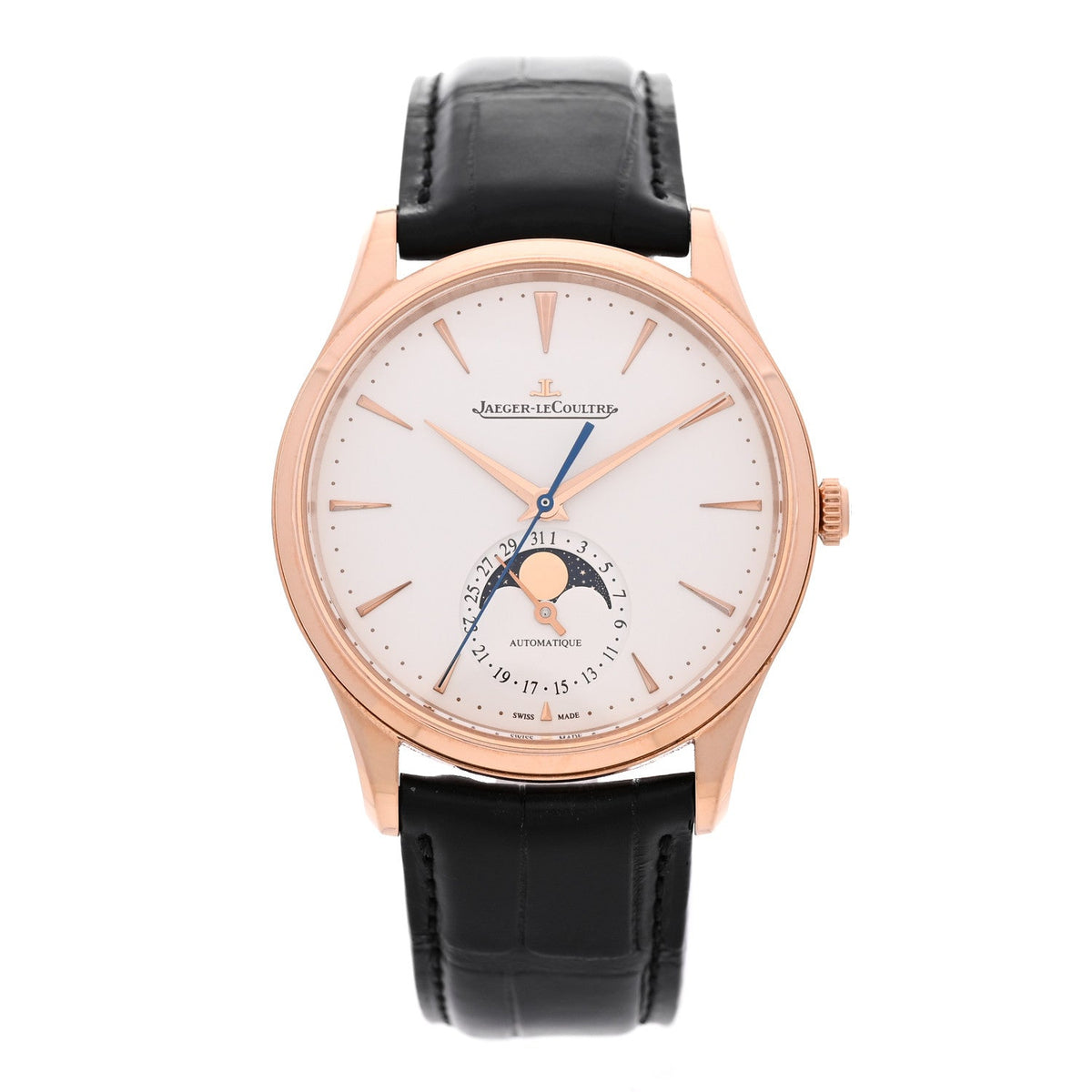Jaeger-LeCoultre 18K Rose Gold Alligator 39mm Master Ultra Thin Moon Watch Ivory Q1362511