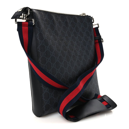 Gucci GG Supreme Calfskin Web Flat Messenger Bag Black Grey